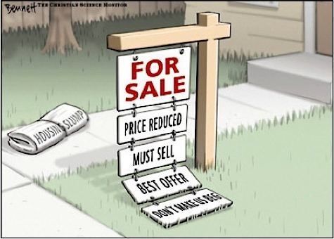 a for sale sign in a house's front yard that has been amended to say 'must sell', 'best offer', 'don't make me beg'